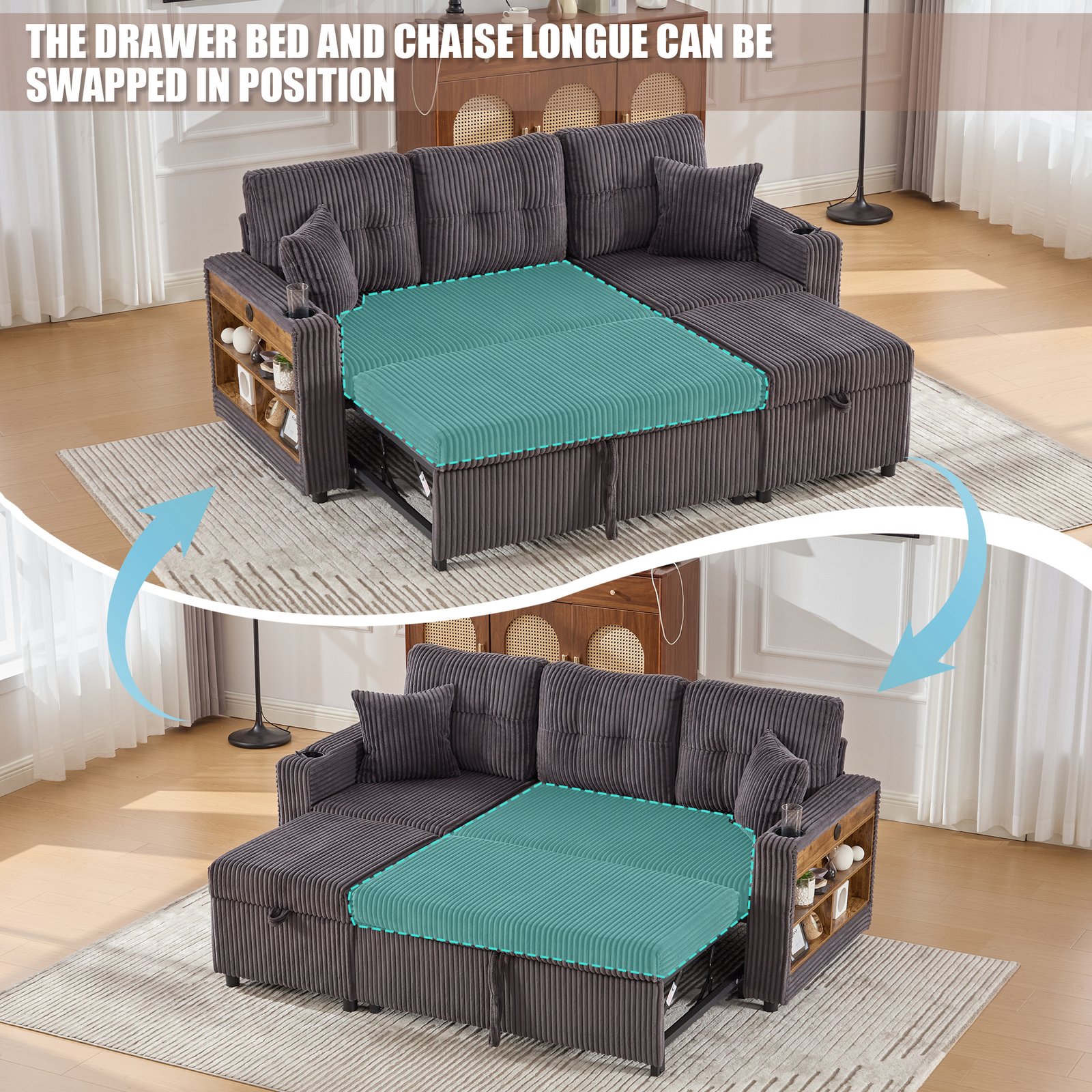 Multifunctional Corduroy Sofa Bed With Storage And Pull-out Bed, Featuring USB-C Charging, LED Ambient Lighting, Cup Holders And Wide Armrests For Living Rooms And Guest Rooms.