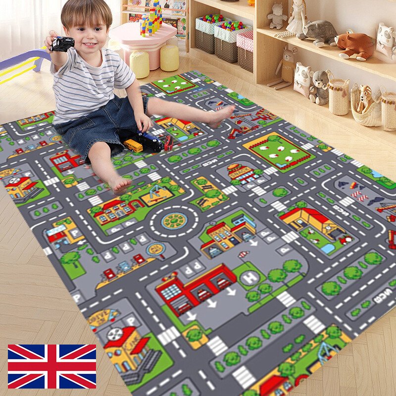 Kids City Road Map Play Mat Rug 80 x 120cm | Toy Car Town Play Carpet for Boys & Girls