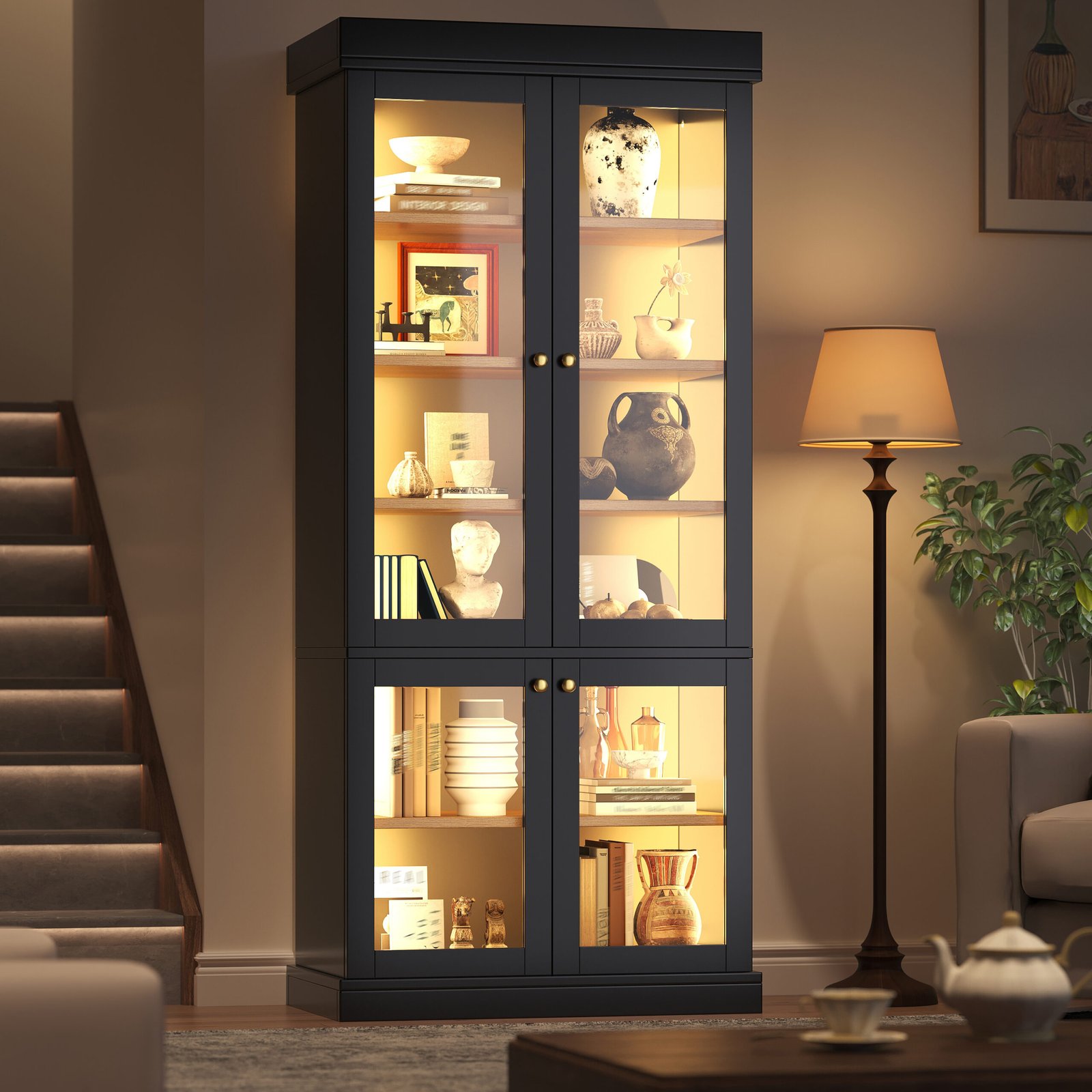 Modern Freestanding Cabinet With Integrated LED Mood Lighting, Glass Display Case, Well-designed Interior Layout And Anti-tip Protection Stable, Safe And Versatile For Home Use Black