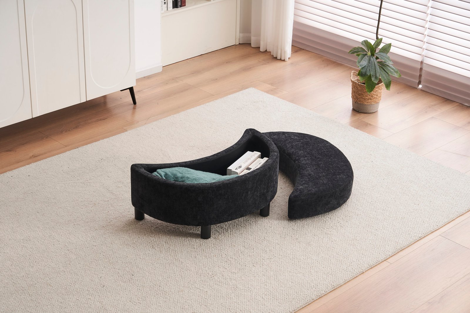 Chenille Swivel Armchair With 3 Back Cushion Pillow Ottoman Crescent Stool, Black