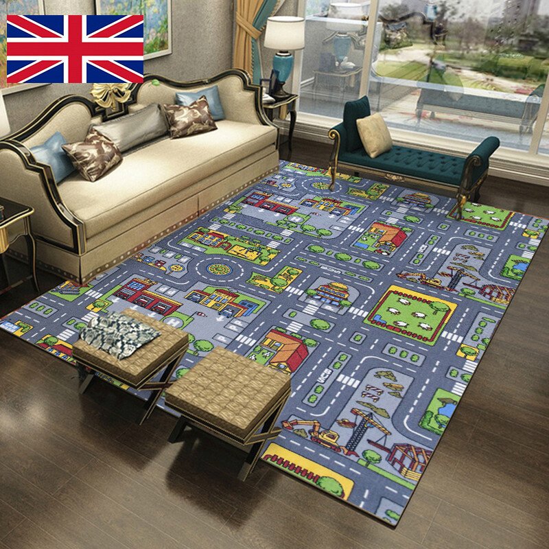 Kids City Road Map Play Mat Rug 80 x 120cm | Toy Car Town Play Carpet for Boys & Girls