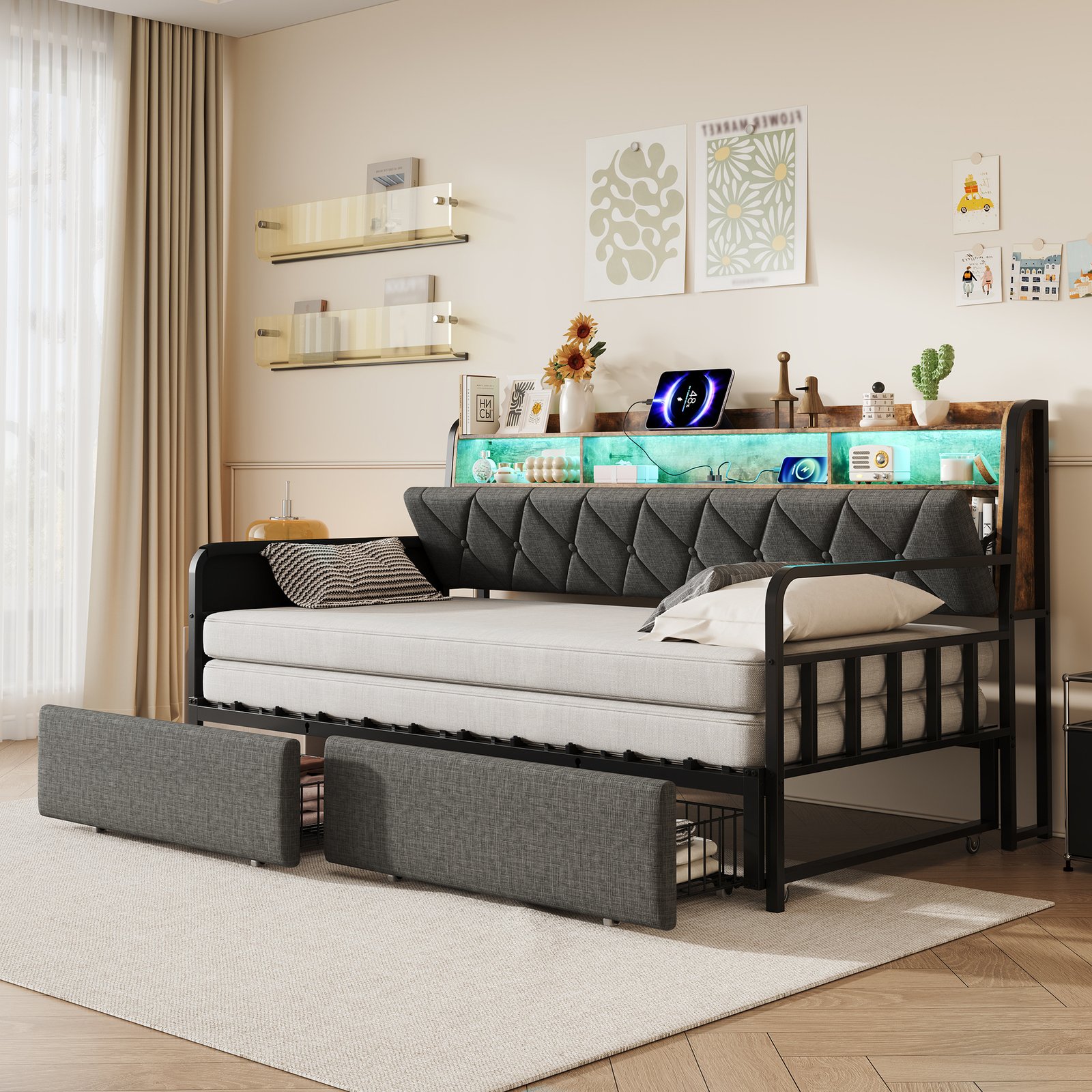 3ft Single Daybed With Pull-out Trundle And Storage Drawer, Walnut Wood Sofa Bed With LED Lighting And Charging Station, Concealed Headboard Storage, Reversible Side Pocket, Linen, Grey No Mattress