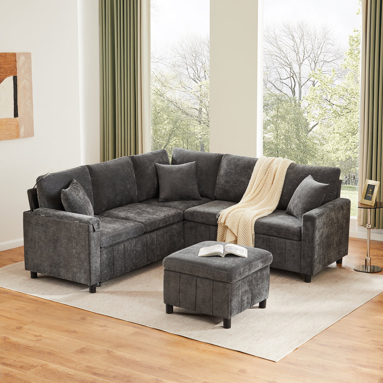 Chenille Corner Sofa With Sleep Function, Pull-out Sofa With Ottoman, Reading Lamp, USB & Type-C Ports, Equipped With A Hidden Table, Fold-out Coffee Table With Two Cup Holders, Gray, 205X205X85 Cm.