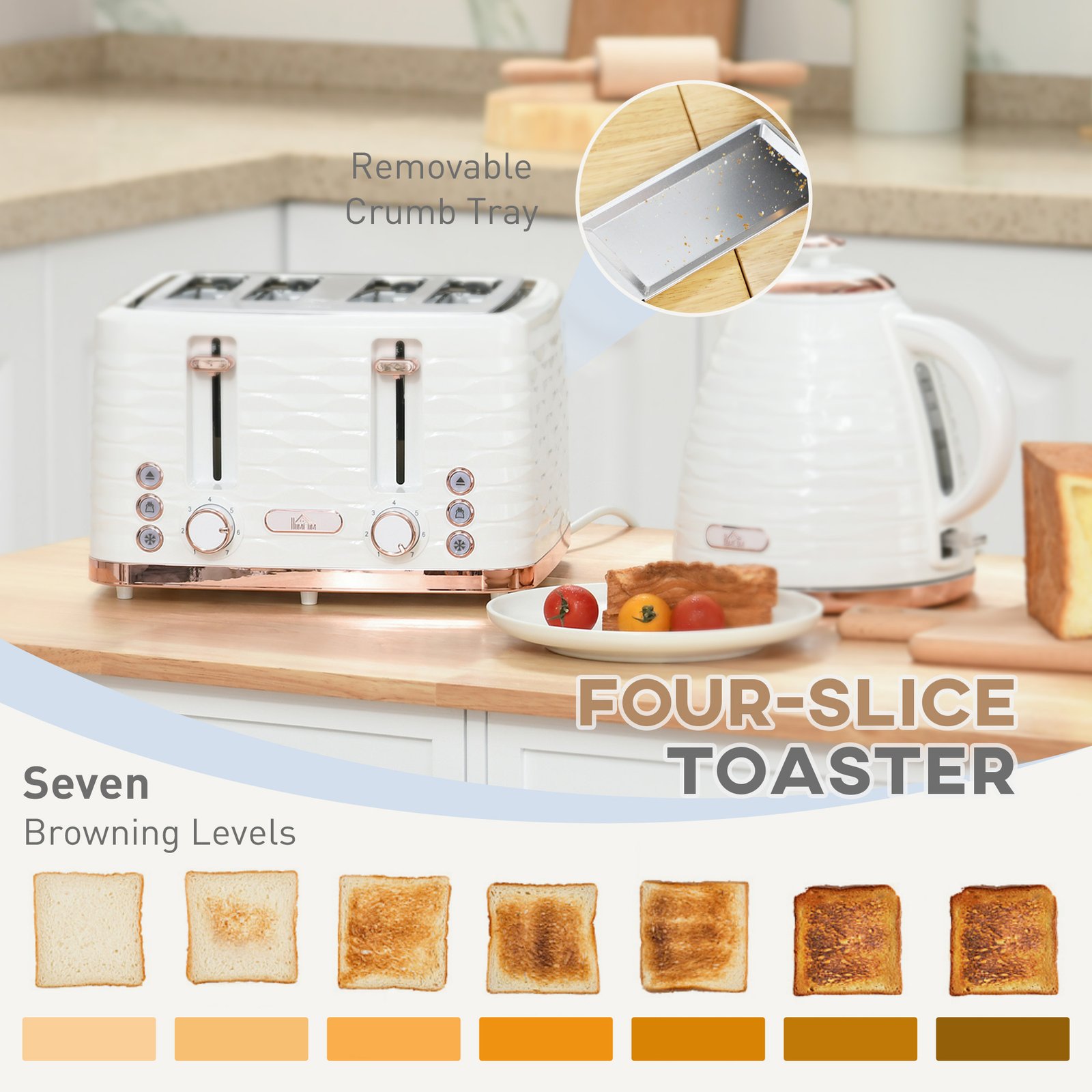 Kettle And Toaster Sets, 3000W 1.7L Rapid Boil Kettle & 4 Slice Toaster With 7 Browning Controls, Defrost, Reheat And Crumb Tray, UK Otter Thermostat, Cream White