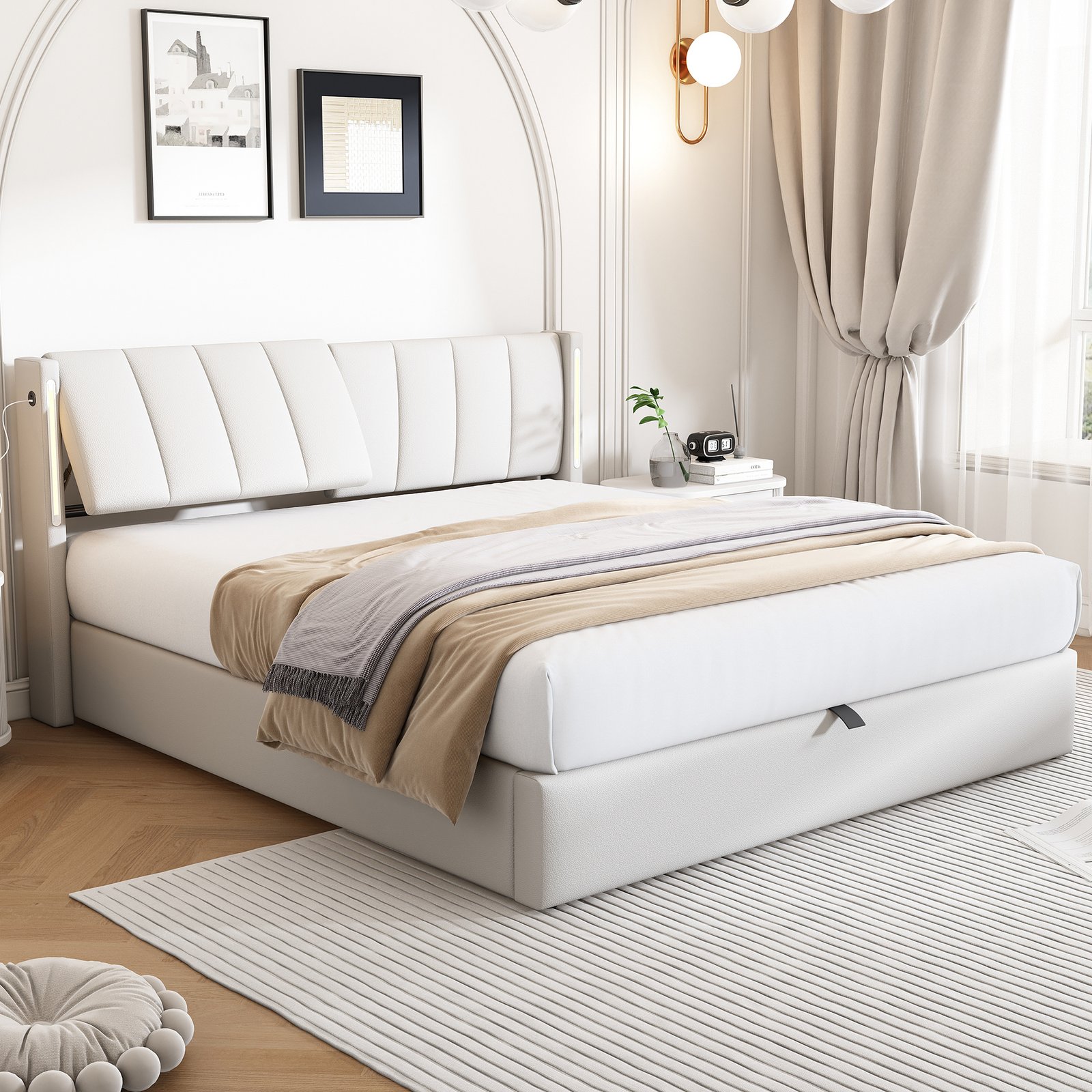 LED Upholstered Super King Size Bed - 6ft 180X200cm With Storage & Hydraulic Lift, USB Charging Ports, Adjustable Headboard & Lighting, PU , White