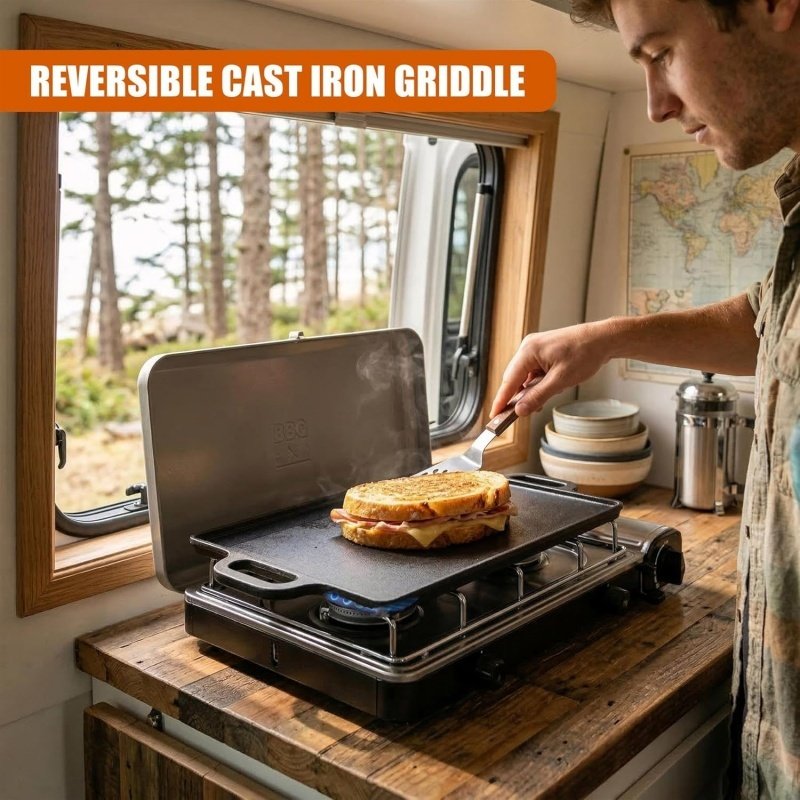 Griddle Plate Cast Iron Reversible BBQ Skillet Fry Pan Grill Double Sided