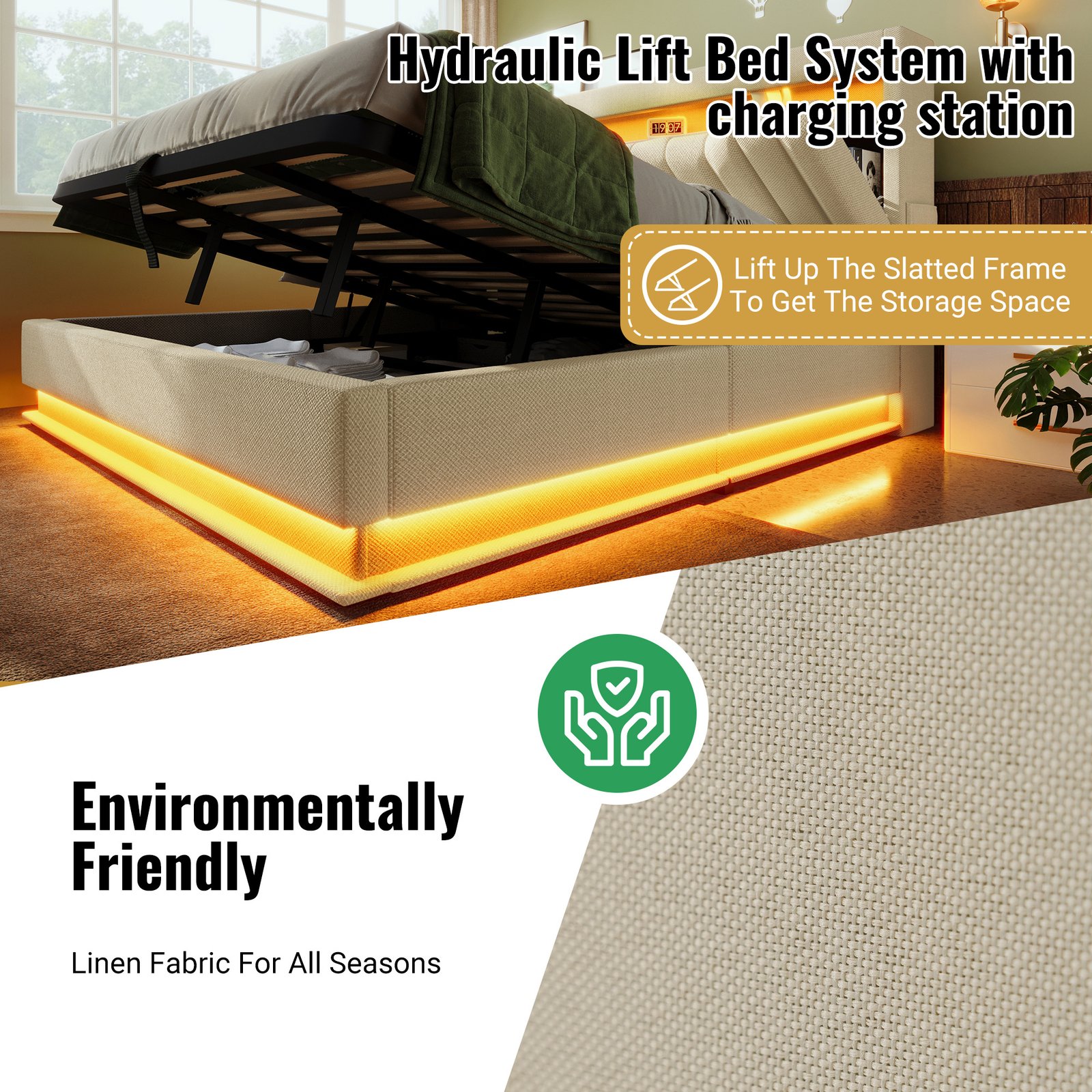 Upholstered Bed 135 X 190 Cm With LED Lighting, USB Type-C Charging, Storage Headboard For Cellphones And Tablets, 4ft6 Hydraulic Storage Bed With Metal Slatted Frame, Linen, Beige  No Mattress