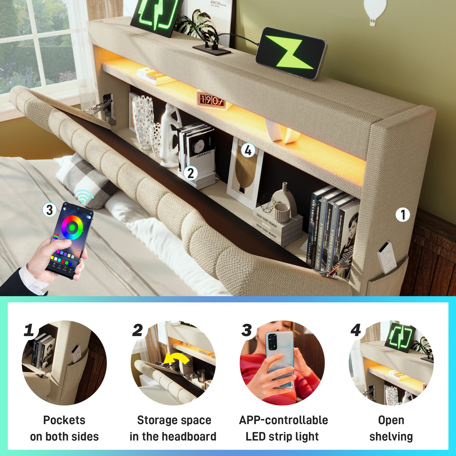 Upholstered Bed 135 X 190 Cm With LED Lighting, USB Type-C Charging, Storage Headboard For Cellphones And Tablets, 4ft6 Hydraulic Storage Bed With Metal Slatted Frame, Linen, Beige  No Mattress