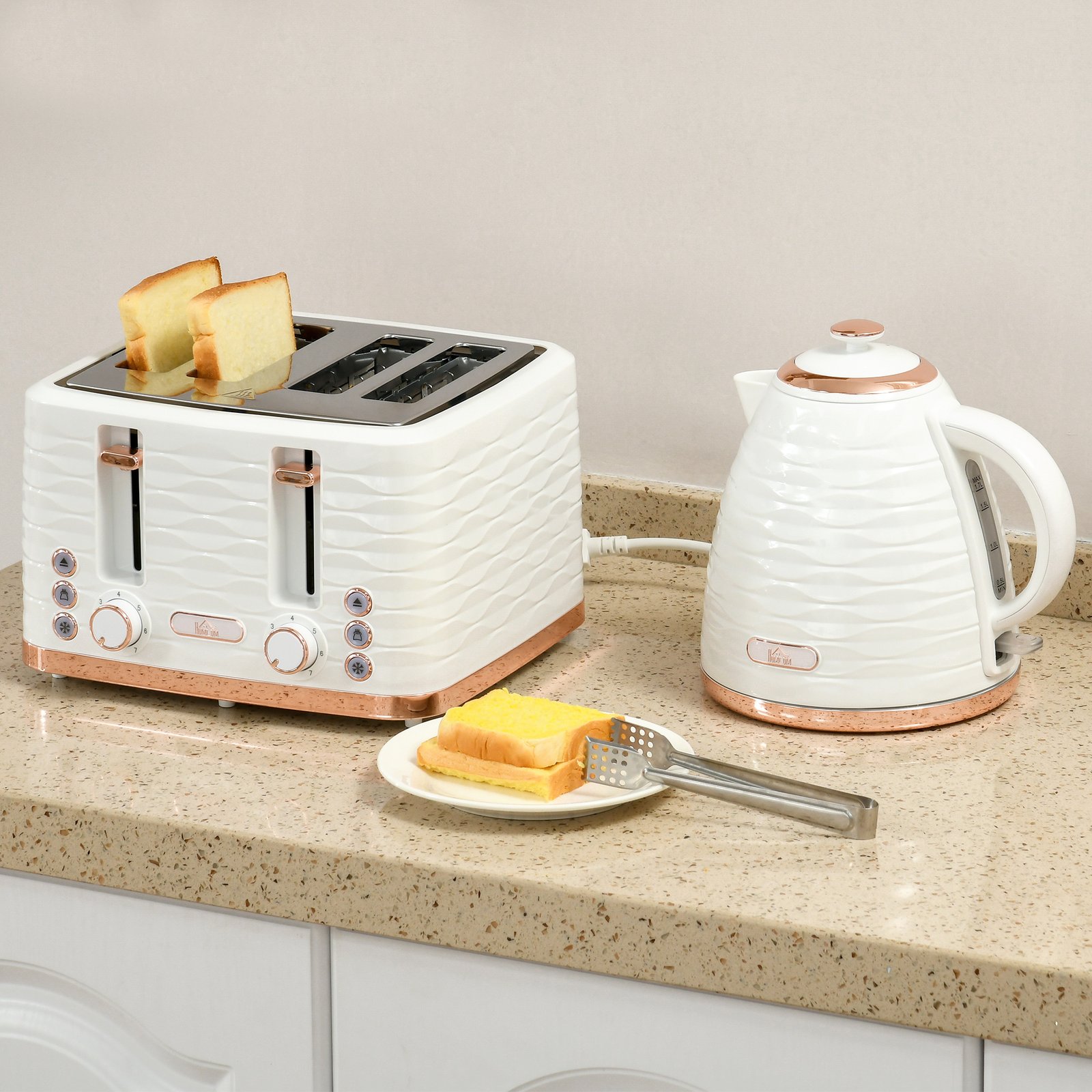 Kettle And Toaster Sets, 3000W 1.7L Rapid Boil Kettle & 4 Slice Toaster With 7 Browning Controls, Defrost, Reheat And Crumb Tray, UK Otter Thermostat, Cream White