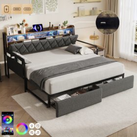 3ft Single Daybed With Pull-out Trundle And Storage Drawer, Walnut Wood Sofa Bed With LED Lighting And Charging Station, Concealed Headboard Storage, Reversible Side Pocket, Linen, Grey No Mattress