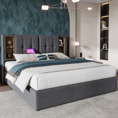 Upholstered Double Bed 150 X 200cm With Wireless Charging USB Tyep-C, Hydraulic Storage Bed With Hydraulic Lever, Linen Fabric 5FT King Size Bed Frame With Large Storage Space,Grey No Mattress