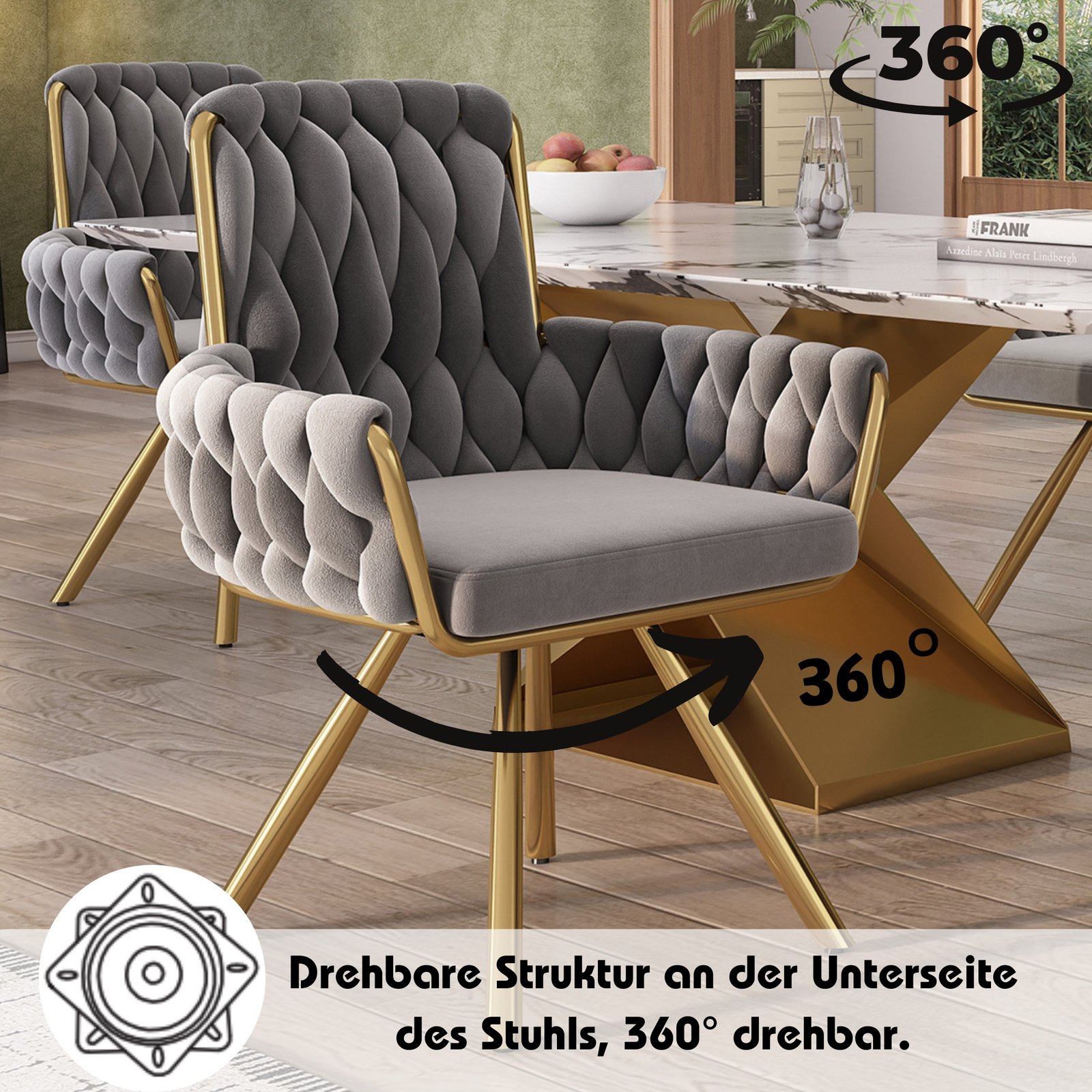 Set Of 4, Velvet Dining Chair, Armchair, Single Luxurious Living Room And Bedroom Swivel Chair, Leisure Swivel Chair With Four Metal Support Legs, Gray