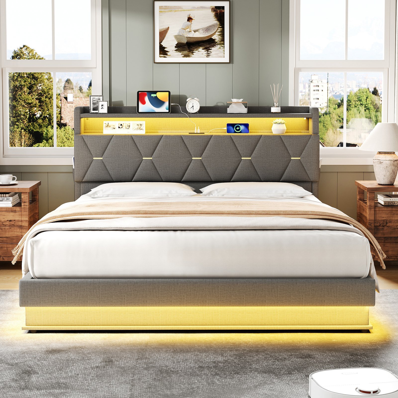 4ft6 Double Upholstered Bed Frame With Hydraulic Storage,  LED Headboard With Charging Station And Concealed Headboard Storage, USB And Type - C Ports, Linen, No Box Spring Needed, Grey  No Mattress