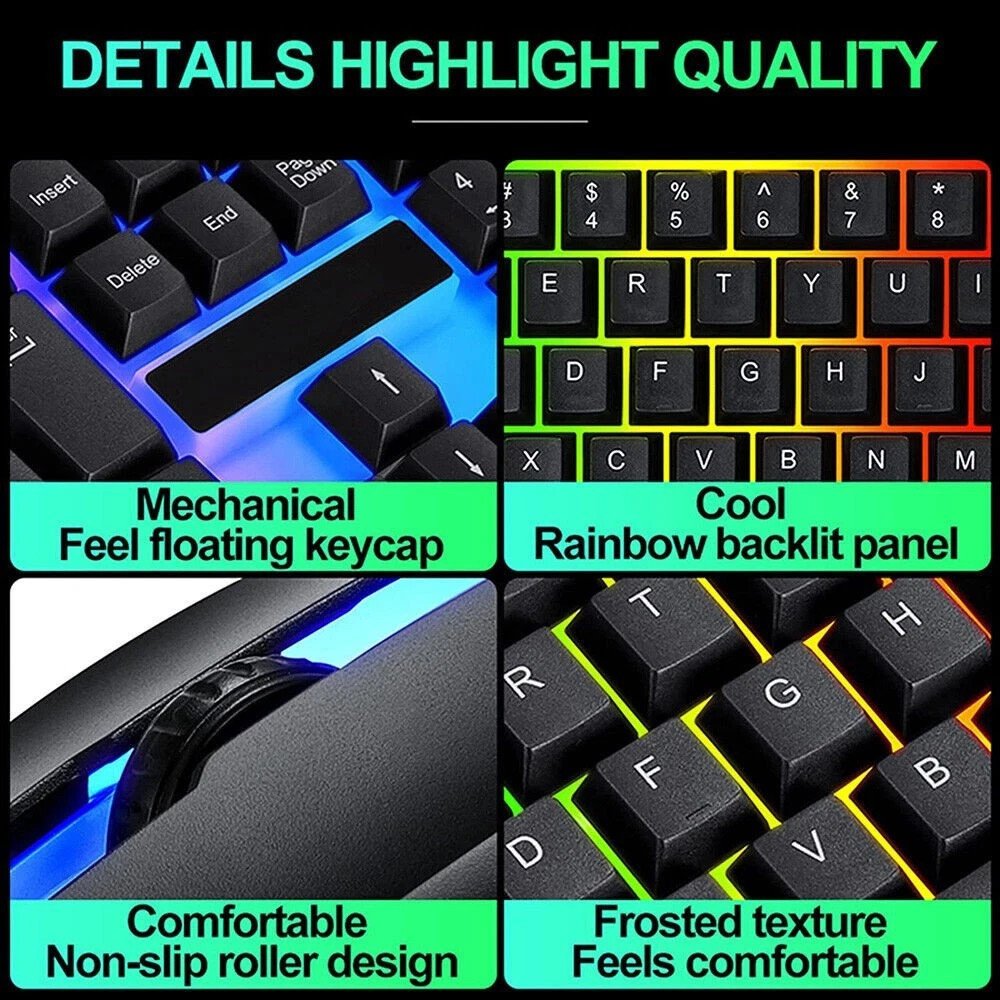 UK Gaming Keyboard And Mouse Set RGB LED USB For PC Laptop Xbox One PS4 PS