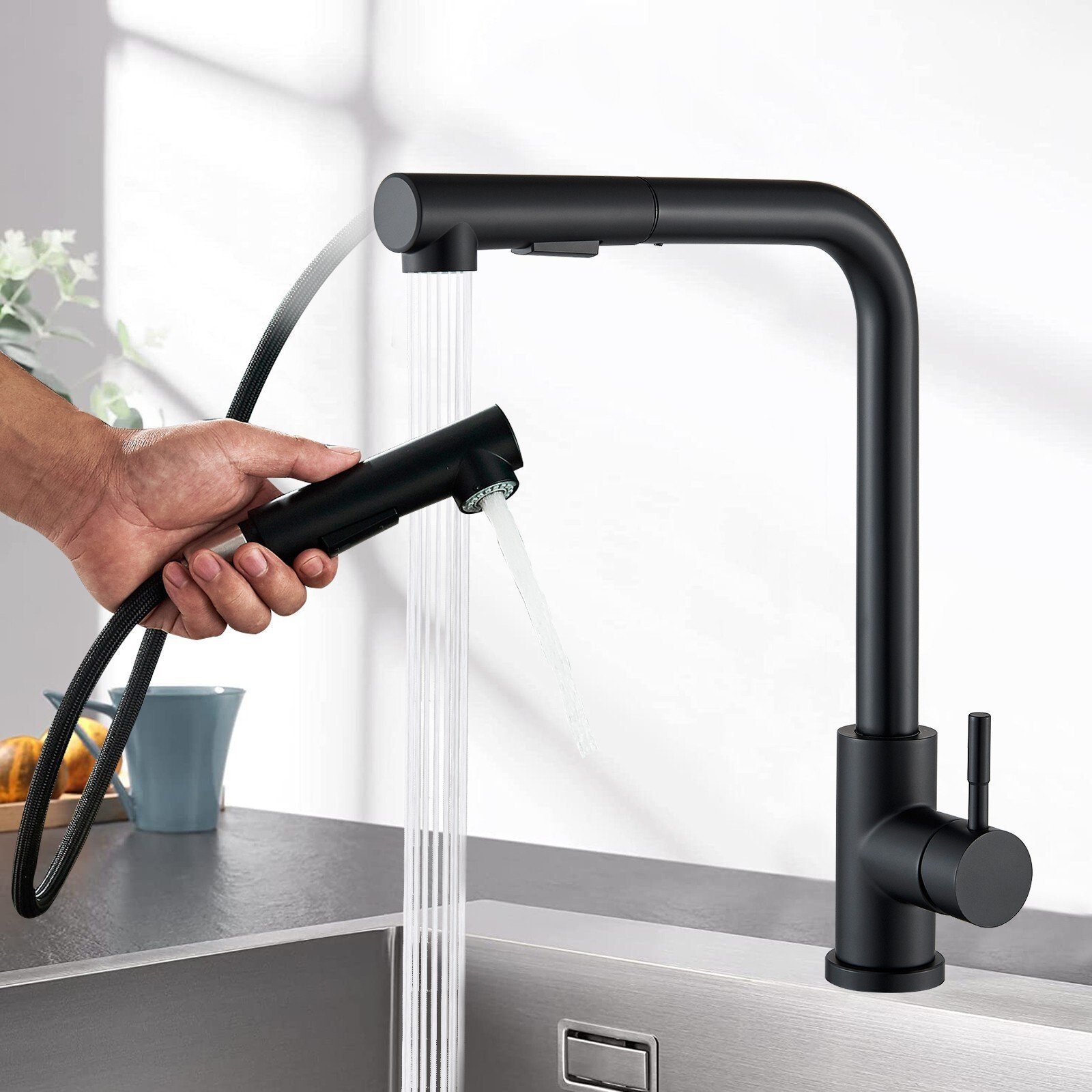 Matte Black Kitchen Mixer Taps Pull Out Spray Head Single Lever Mono Sink Faucet