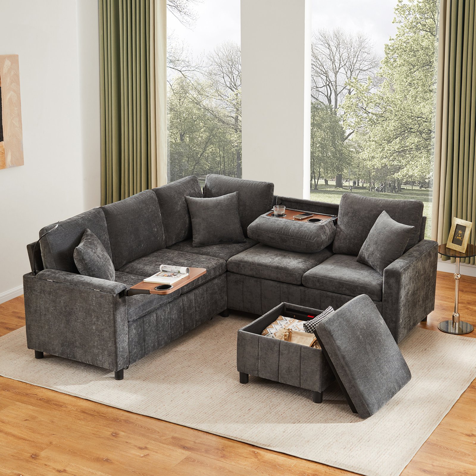 Chenille Corner Sofa With Sleep Function, Pull-out Sofa With Ottoman, Reading Lamp, USB & Type-C Ports, Equipped With A Hidden Table, Fold-out Coffee Table With Two Cup Holders, Gray, 205X205X85 Cm.