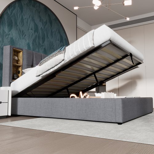 Upholstered Double Bed 150 X 200cm With Wireless Charging USB Tyep-C, Hydraulic Storage Bed With Hydraulic Lever, Linen Fabric 5FT King Size Bed Frame With Large Storage Space,Grey No Mattress
