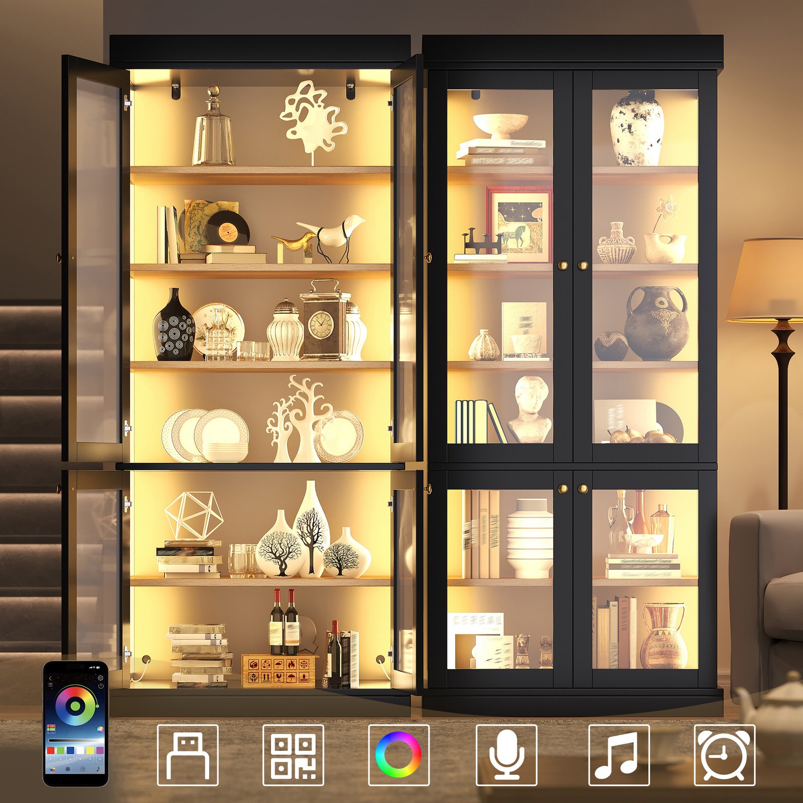 Modern Freestanding Cabinet With Integrated LED Mood Lighting, Glass Display Case, Well-designed Interior Layout And Anti-tip Protection Stable, Safe And Versatile For Home Use Black