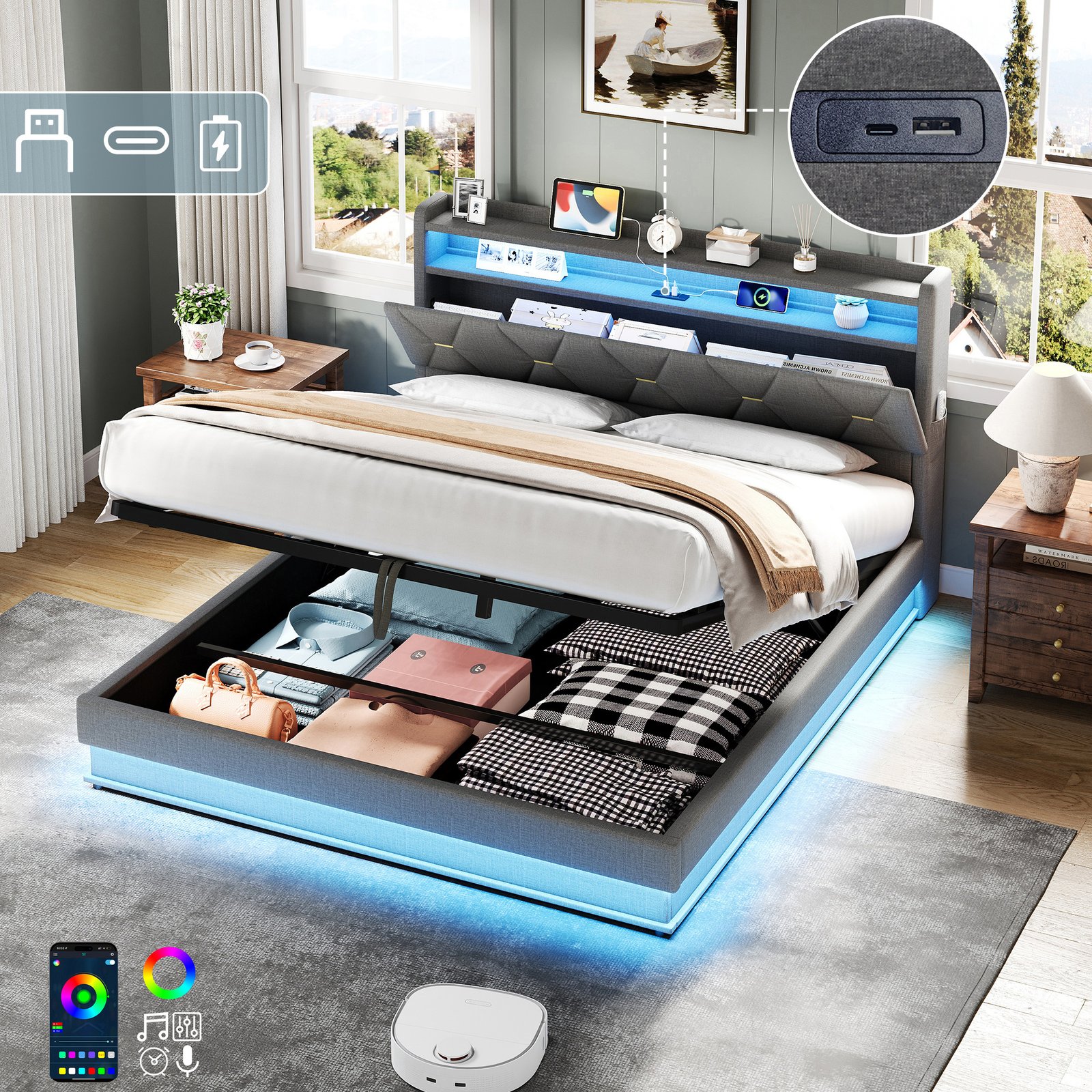 4ft6 Double Upholstered Bed Frame With Hydraulic Storage,  LED Headboard With Charging Station And Concealed Headboard Storage, USB And Type - C Ports, Linen, No Box Spring Needed, Grey  No Mattress