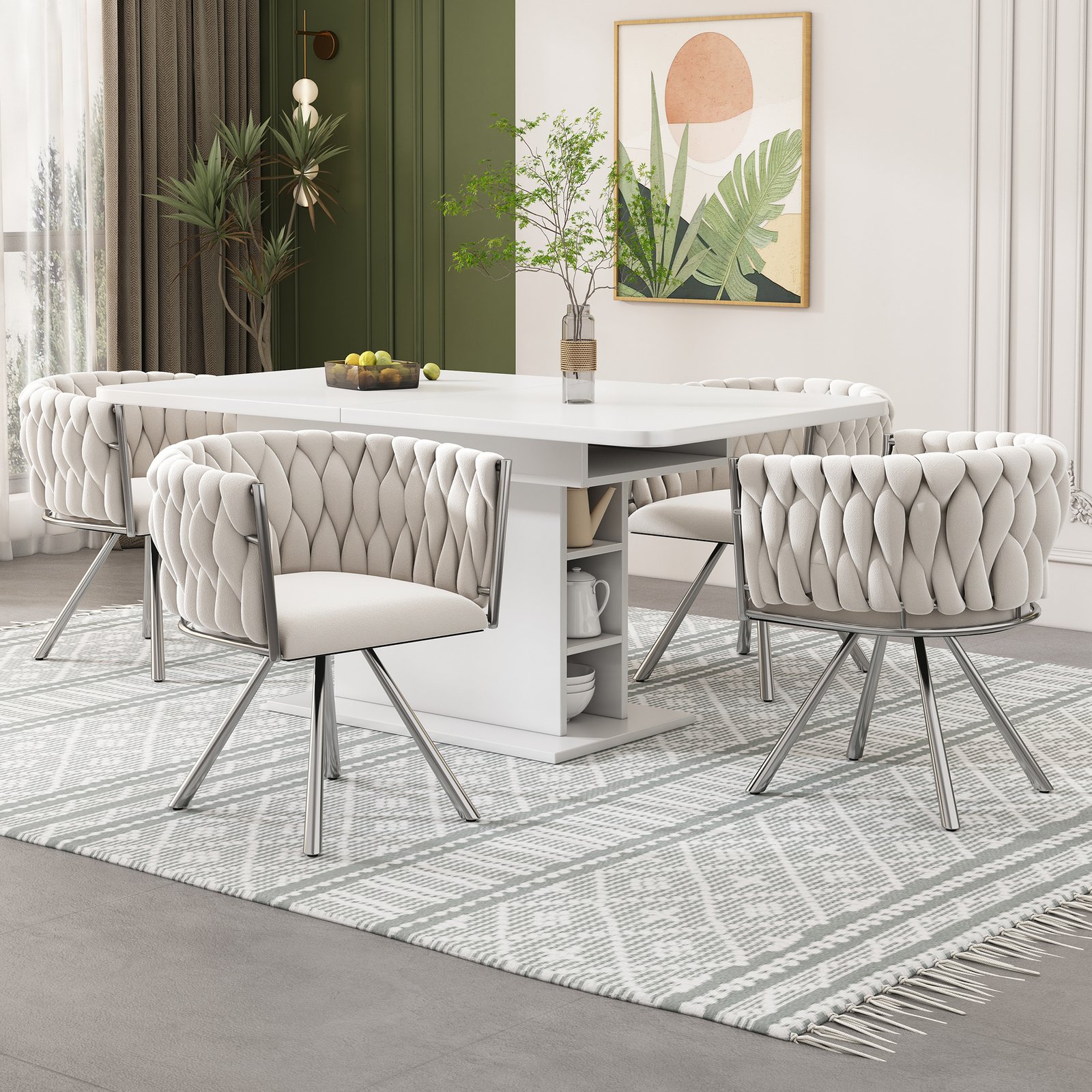 Set Of 4, Velvet Dining Chair, Single Light Luxury Living Room Bedroom Swivel Chair, Leisure Swivel Chair With Four Metal Support Legs, Beige  Silver