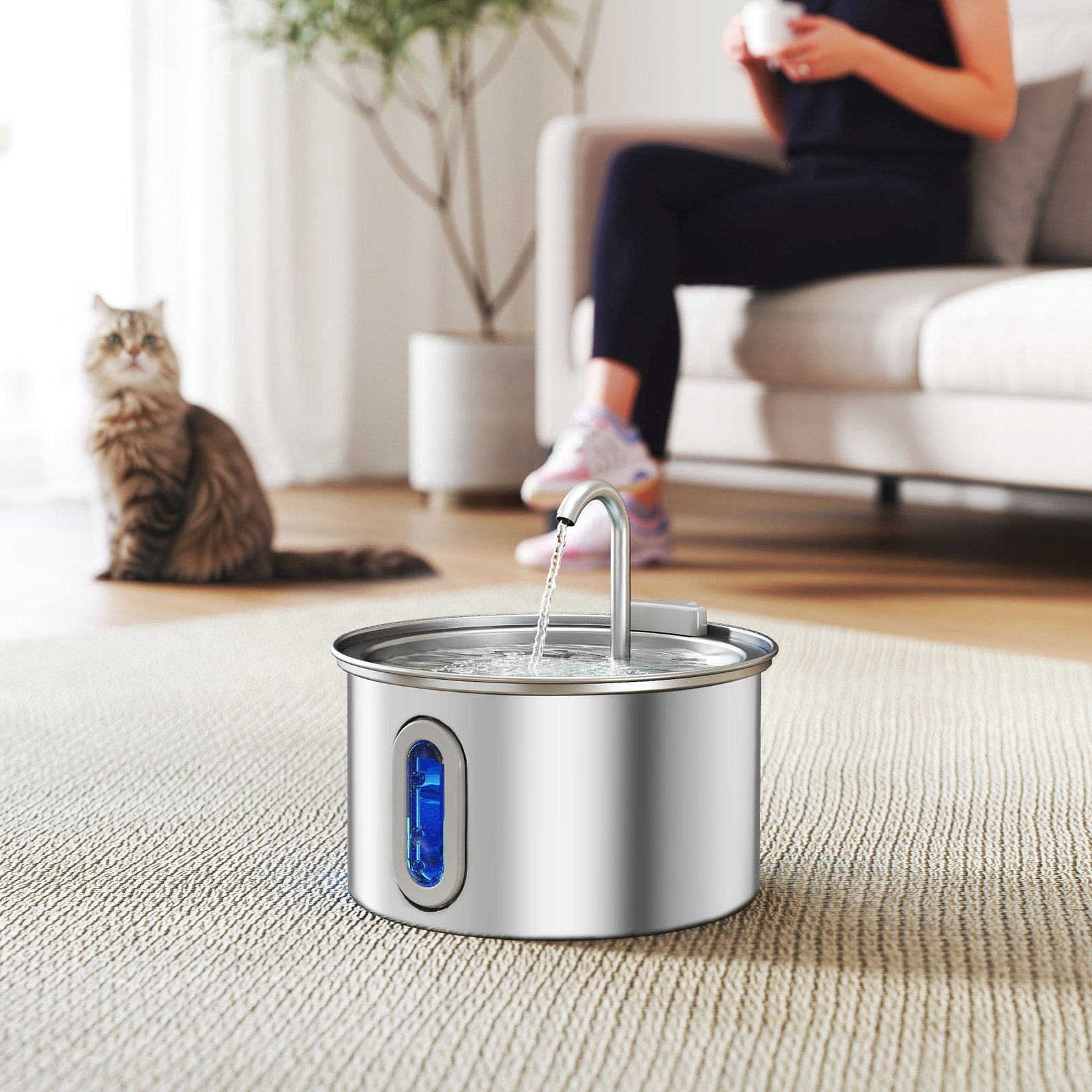 PawHut 2.5L Stainless Steel Cat Water Fountain For Drinking With Ultra-Silent Pump, Water-Level Window, 7 Filters
