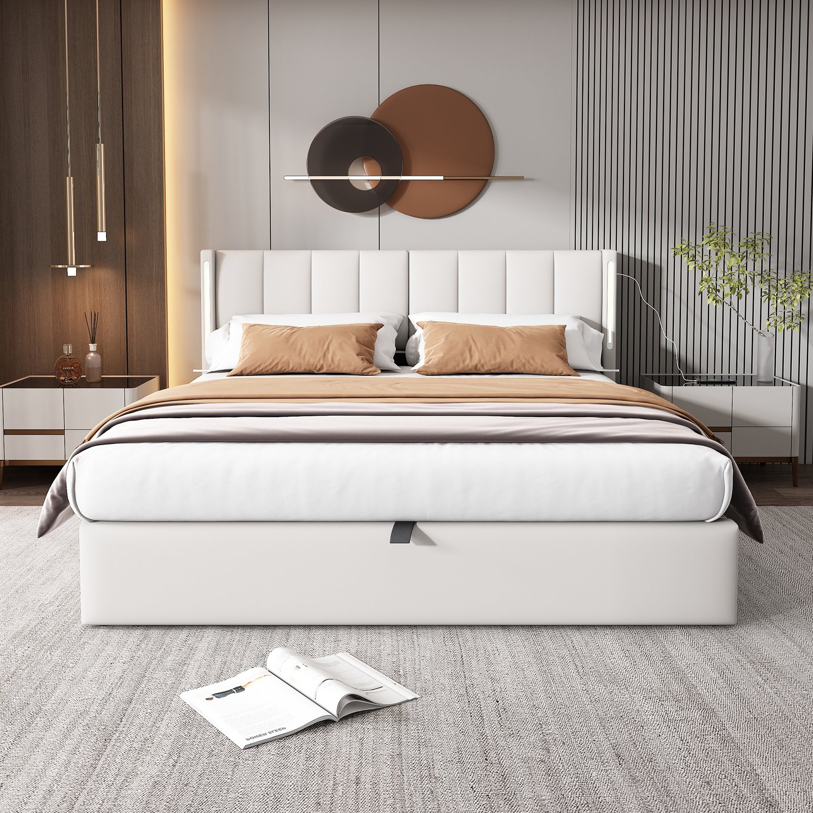LED Upholstered Super King Size Bed - 6ft 180X200cm With Storage & Hydraulic Lift, USB Charging Ports, Adjustable Headboard & Lighting, PU , White