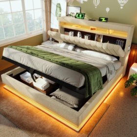 Upholstered Bed 135 X 190 Cm With LED Lighting, USB Type-C Charging, Storage Headboard For Cellphones And Tablets, 4ft6 Hydraulic Storage Bed With Metal Slatted Frame, Linen, Beige  No Mattress