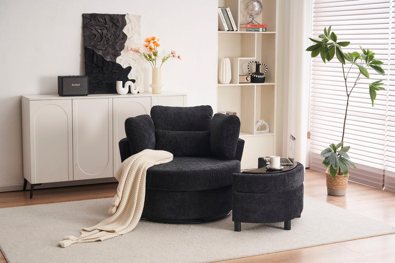 Chenille Swivel Armchair With 3 Back Cushion Pillow Ottoman Crescent Stool, Black