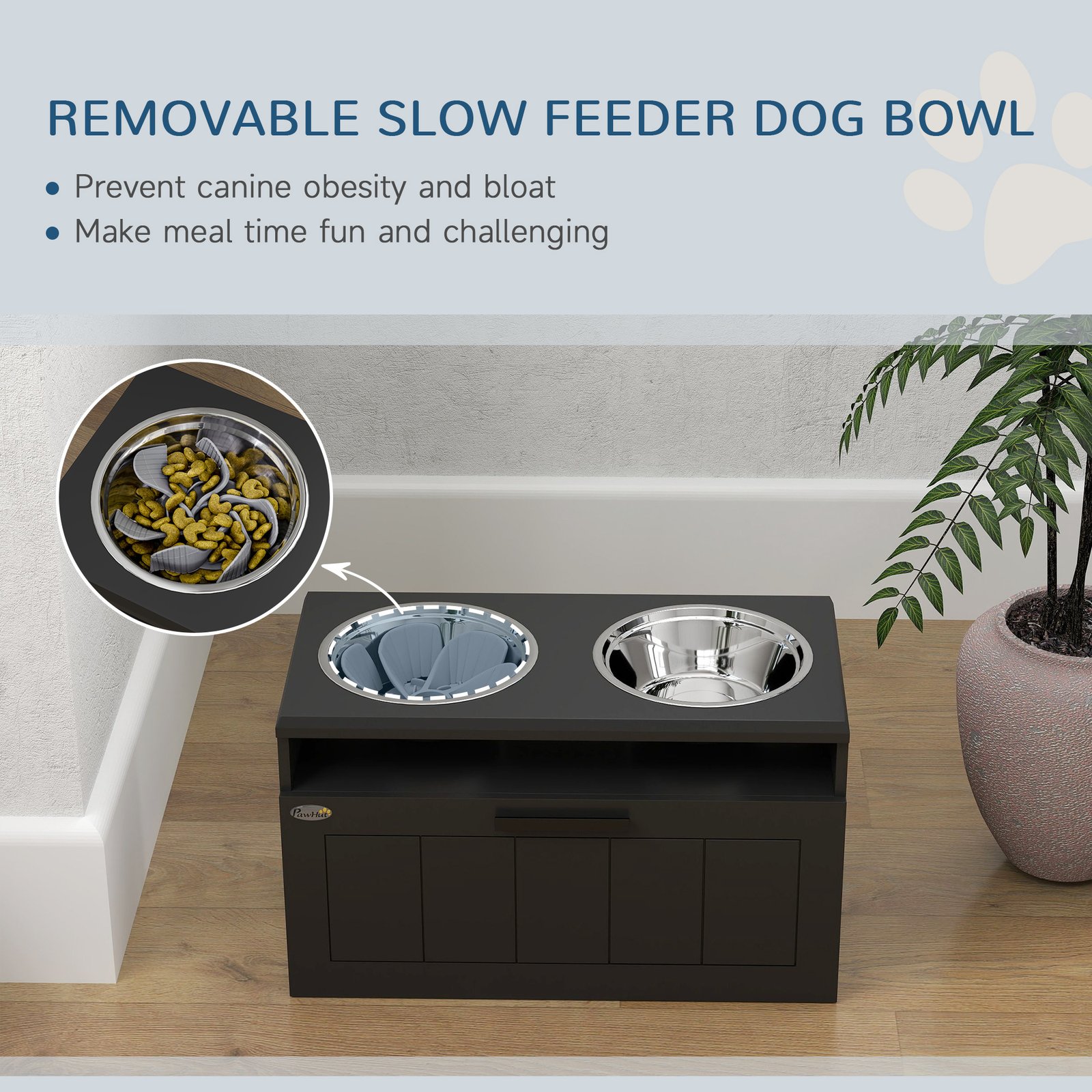 PawHut Raised Dog Bowl With Slow Feeder, Two Stainless Steel Dog Bowls, Drawer, For Large And Extra Large Dogs, Black