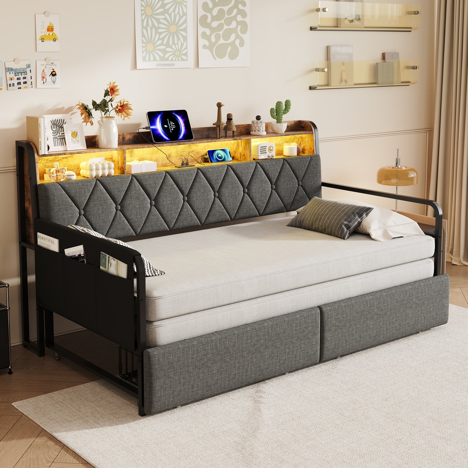 3ft Single Daybed With Pull-out Trundle And Storage Drawer, Walnut Wood Sofa Bed With LED Lighting And Charging Station, Concealed Headboard Storage, Reversible Side Pocket, Linen, Grey No Mattress