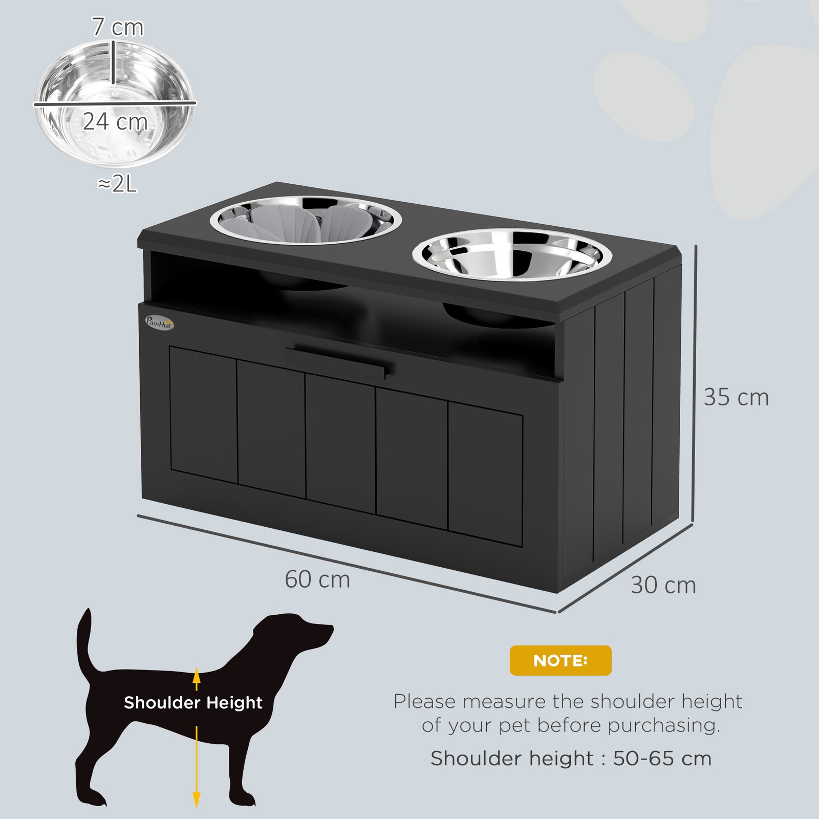 PawHut Raised Dog Bowl With Slow Feeder, Two Stainless Steel Dog Bowls, Drawer, For Large And Extra Large Dogs, Black