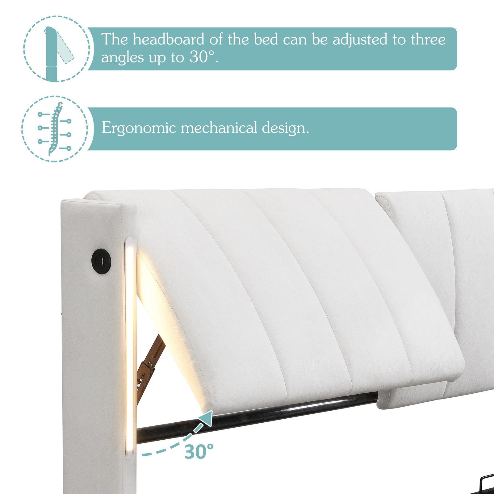 LED Upholstered Super King Size Bed - 6ft 180X200cm With Storage & Hydraulic Lift, USB Charging Ports, Adjustable Headboard & Lighting, PU , White