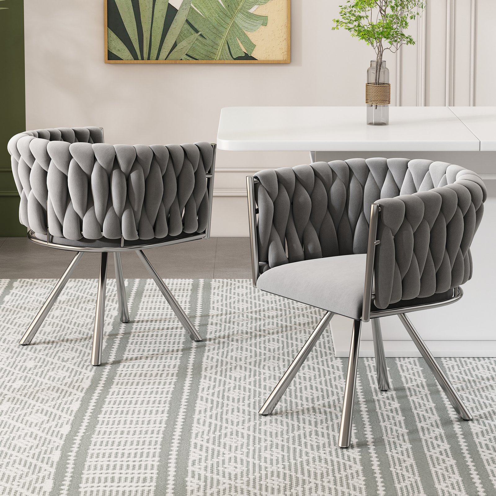 Set Of 6, Velvet Dining Chair, Single Light Luxury Living Room Bedroom Swivel Chair, Leisure Swivel Chair With Four Metal Support Legs, Grey  Silver