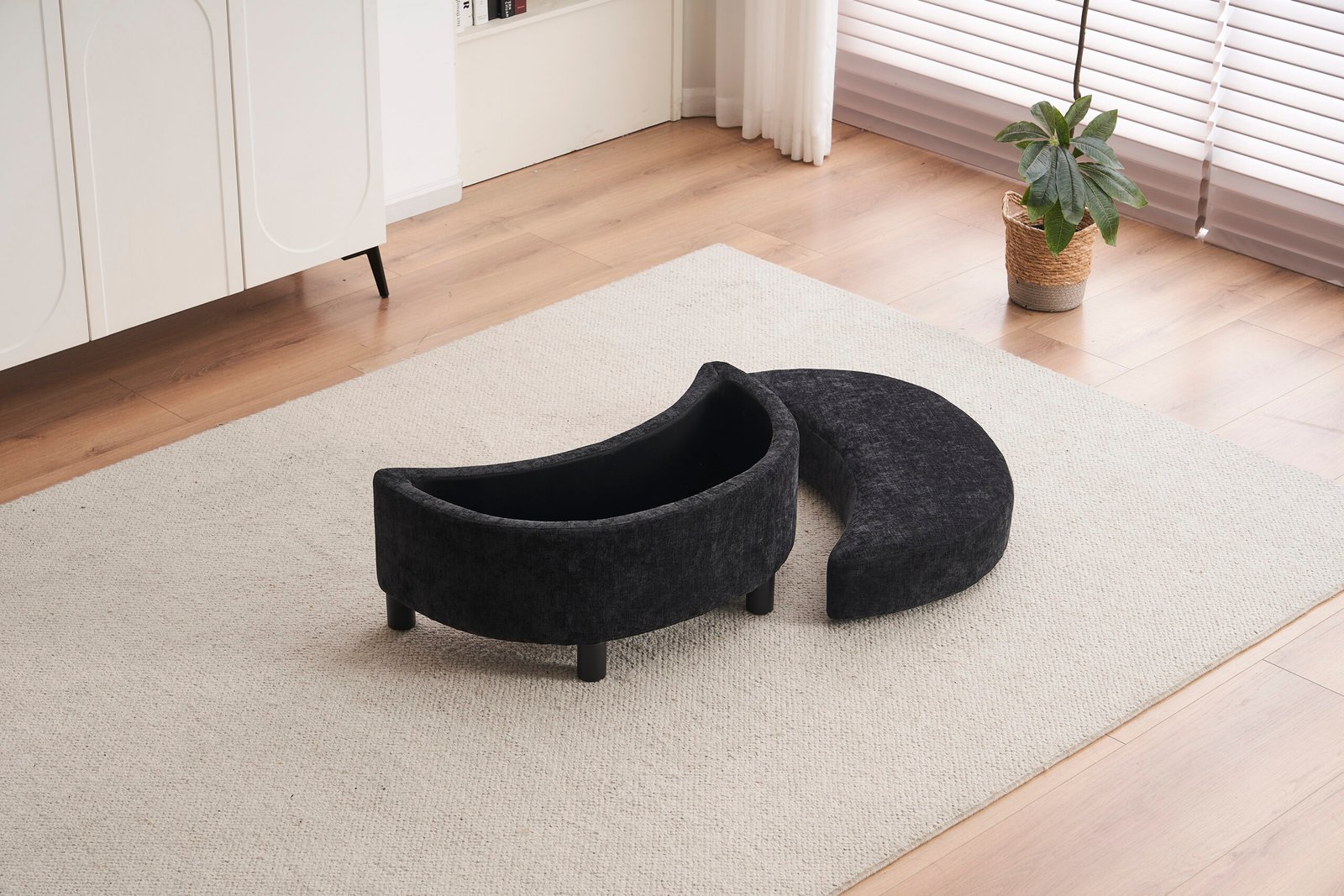 Chenille Swivel Armchair With 3 Back Cushion Pillow Ottoman Crescent Stool, Black
