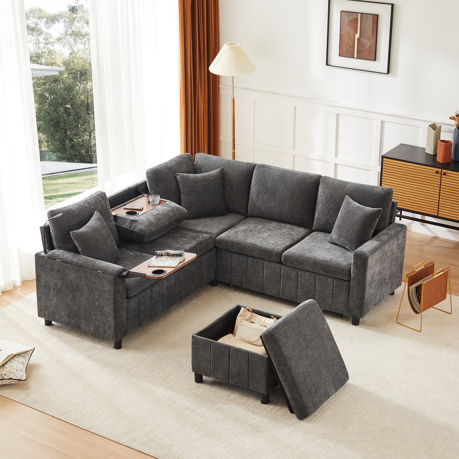 Chenille Corner Sofa With Sleep Function, Pull-out Sofa With Ottoman, Reading Lamp, USB & Type-C Ports, Equipped With A Hidden Table, Fold-out Coffee Table With Two Cup Holders, Gray, 205X205X85 Cm.