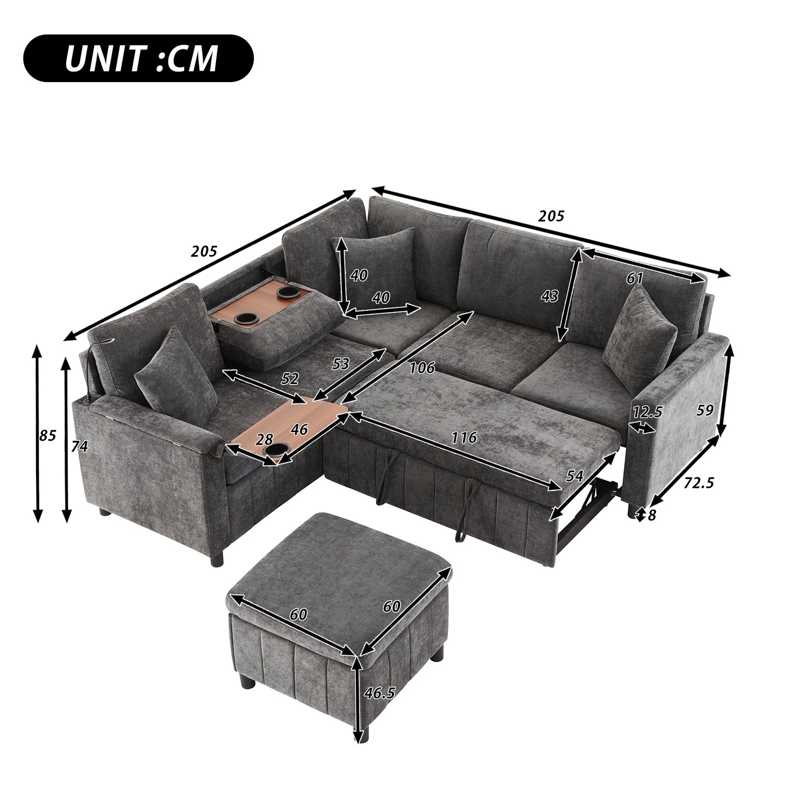 Chenille Corner Sofa With Sleep Function, Pull-out Sofa With Ottoman, Reading Lamp, USB & Type-C Ports, Equipped With A Hidden Table, Fold-out Coffee Table With Two Cup Holders, Gray, 205X205X85 Cm.