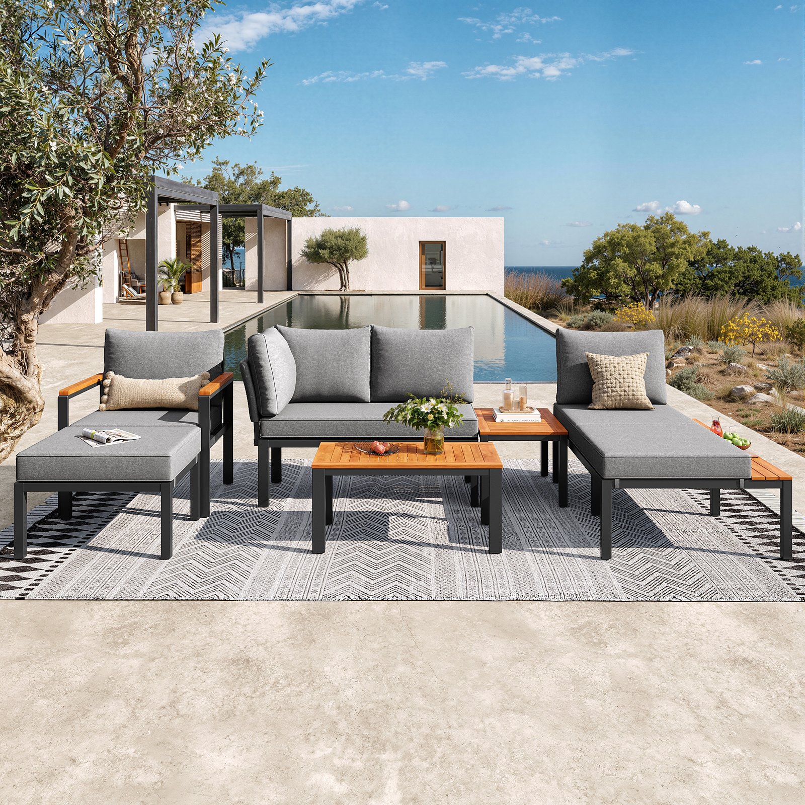 Modular Outdoor Sofa Set With Free Combination, Aluminium Frame, Breathable Cushions, Wooden Coffee Table & Side Table, For Patio, Garden & Backyard