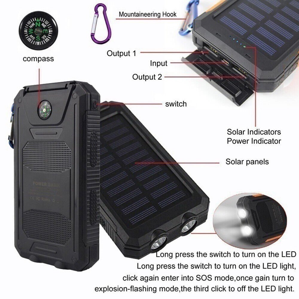 1o000mAh Solar Power Bank Waterproof 2USB LED Battery Charger For Cell Phone
