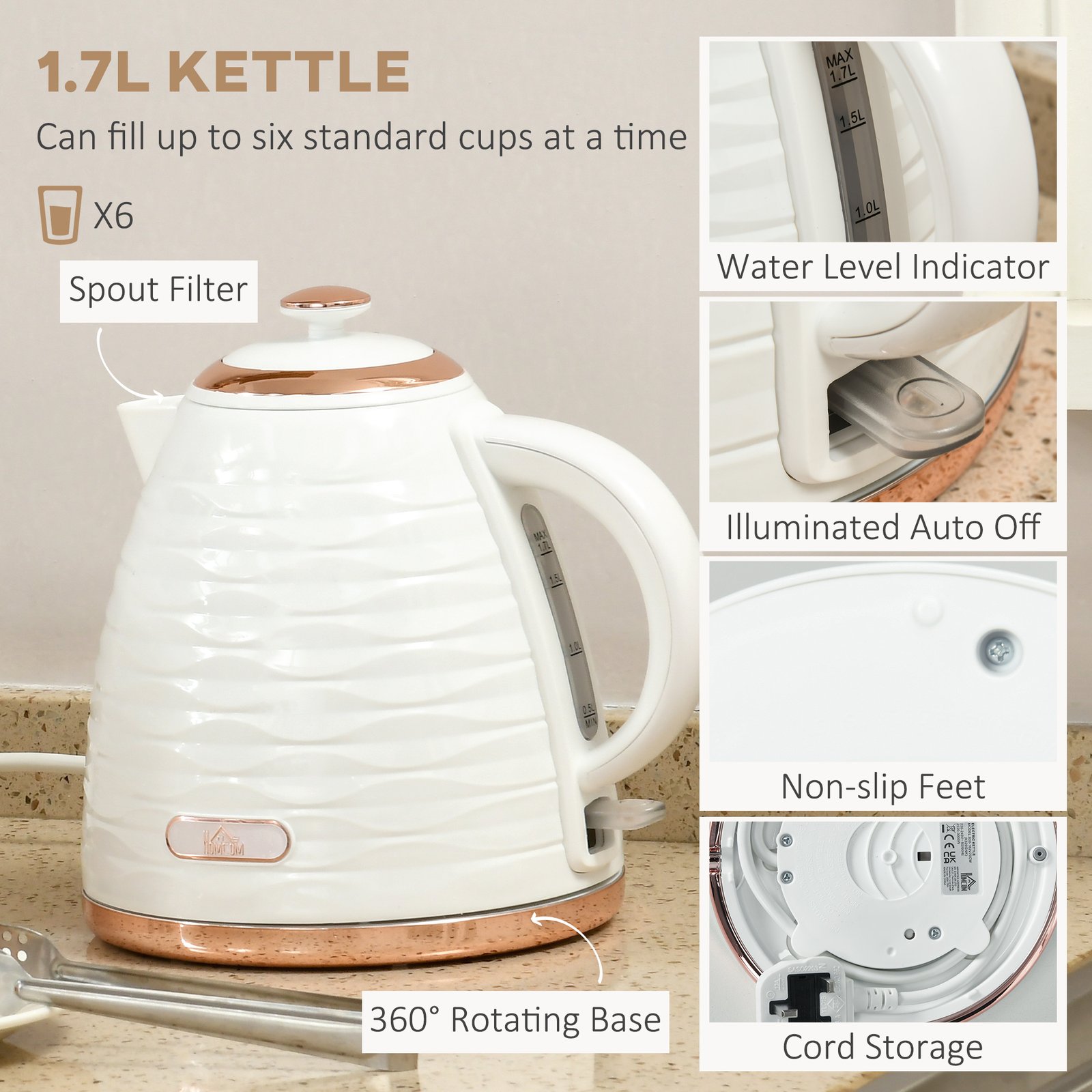 Kettle And Toaster Sets, 3000W 1.7L Rapid Boil Kettle & 4 Slice Toaster With 7 Browning Controls, Defrost, Reheat And Crumb Tray, UK Otter Thermostat, Cream White