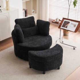 Chenille Swivel Armchair With 3 Back Cushion Pillow Ottoman Crescent Stool, Black