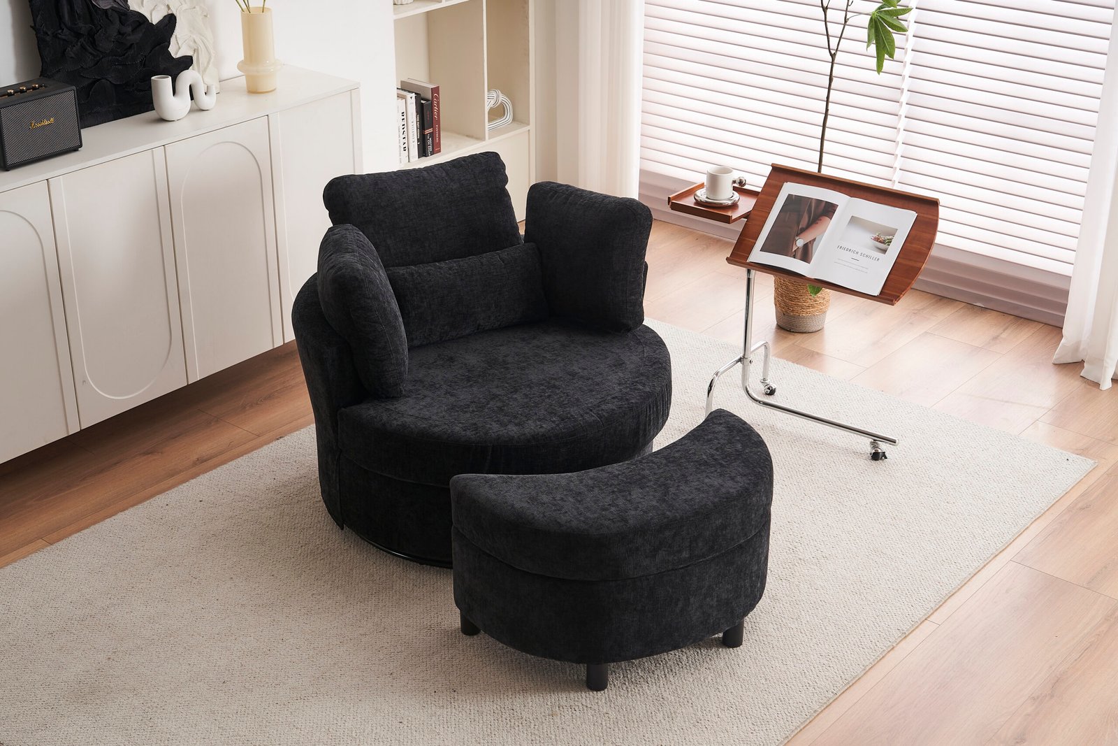 Chenille Swivel Armchair With 3 Back Cushion Pillow Ottoman Crescent Stool, Black