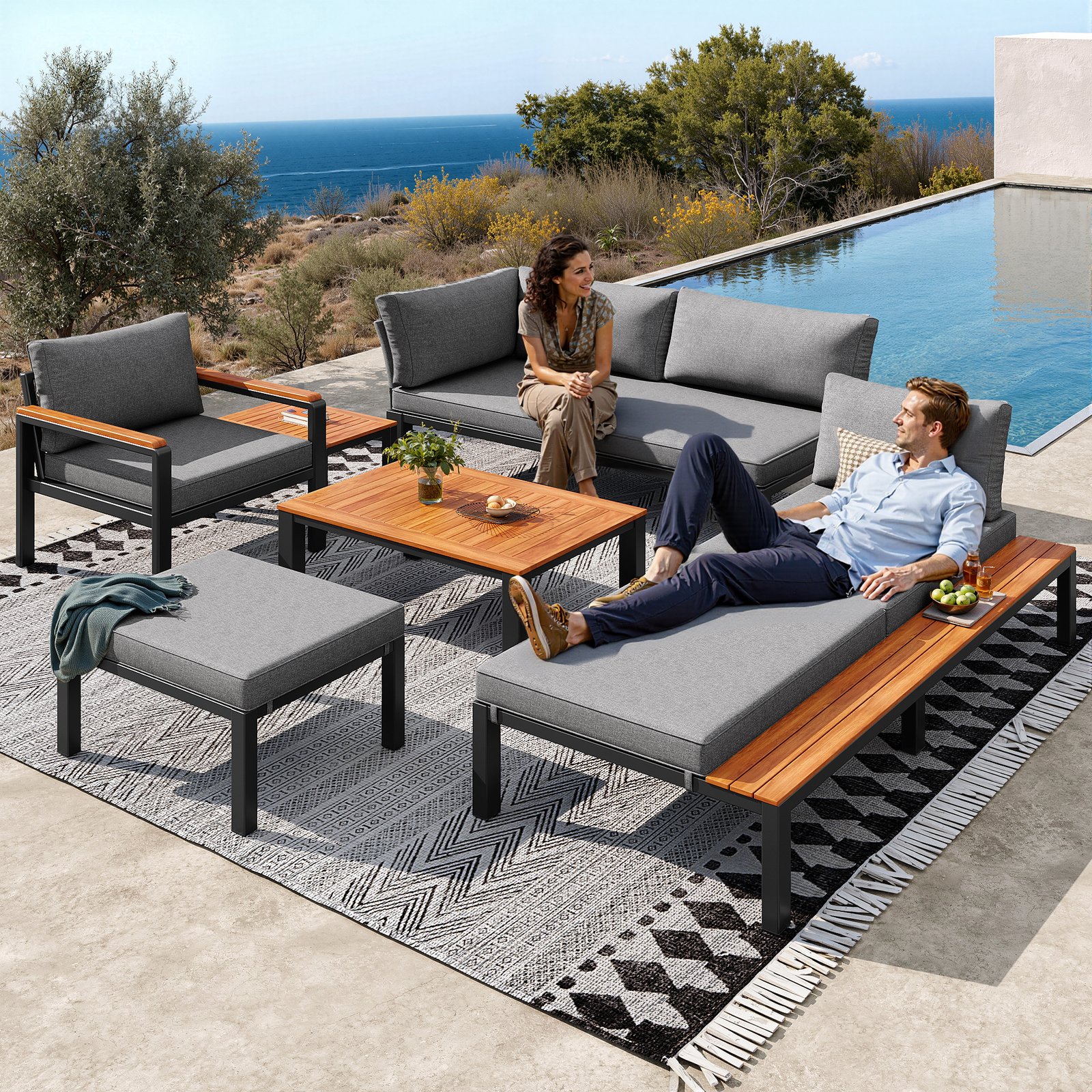 Modular Outdoor Sofa Set With Free Combination, Aluminium Frame, Breathable Cushions, Wooden Coffee Table & Side Table, For Patio, Garden & Backyard