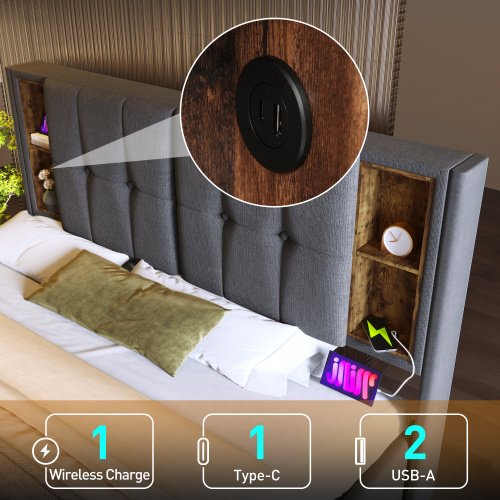 Upholstered Double Bed 150 X 200cm With Wireless Charging USB Tyep-C, Hydraulic Storage Bed With Hydraulic Lever, Linen Fabric 5FT King Size Bed Frame With Large Storage Space,Grey No Mattress