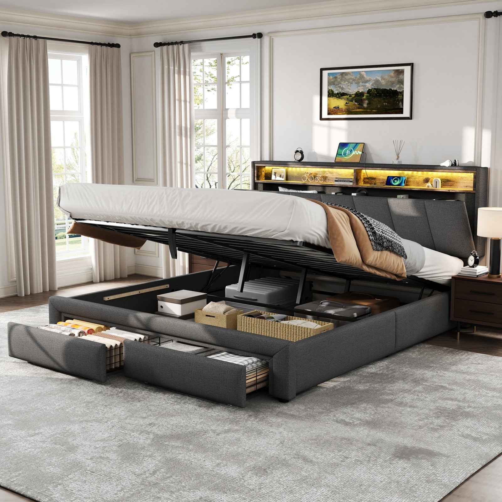 5ft King Upholstered Bed Frame With Hydraulic And Drawers Storage, LED Adjustable Headboard With Charging Station And Concealed Headboard Storage, Linen, No Box Spring Needed, Grey  No Mattress