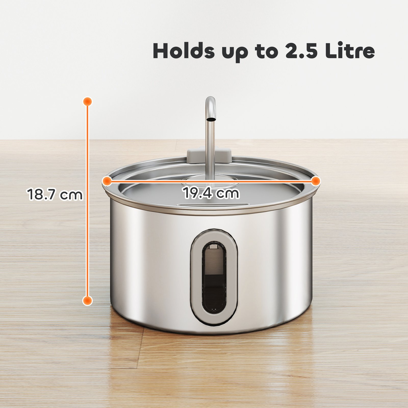 PawHut 2.5L Stainless Steel Cat Water Fountain For Drinking With Ultra-Silent Pump, Water-Level Window, 7 Filters
