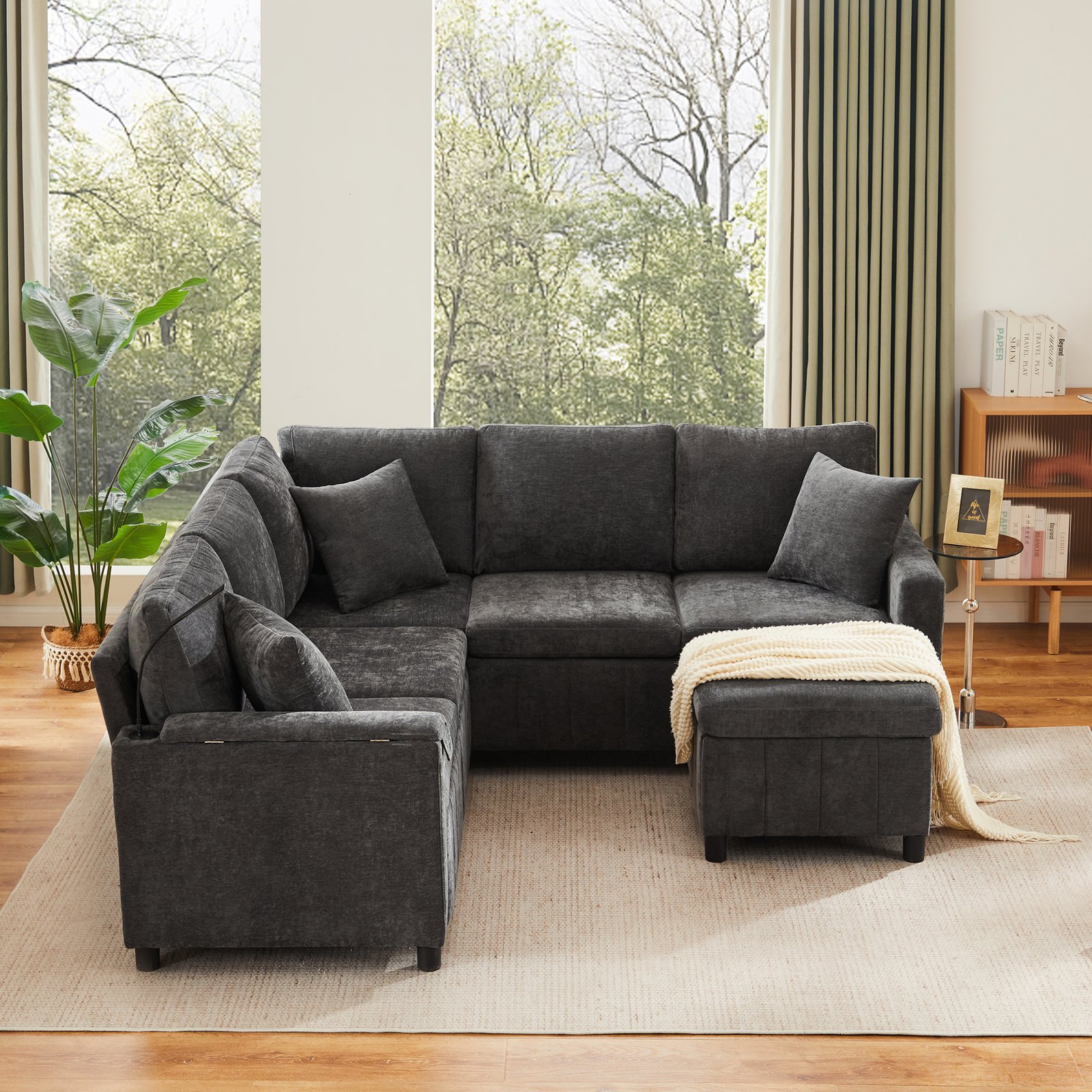 Chenille Corner Sofa With Sleep Function, Pull-out Sofa With Ottoman, Reading Lamp, USB & Type-C Ports, Equipped With A Hidden Table, Fold-out Coffee Table With Two Cup Holders, Gray, 205X205X85 Cm.