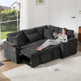 L Shaped Extendable Convertible Corner Sofa With Storage, Cup Holders, USB Charging Port, Armrest Tray And 4 Cushions, Ideal For Living Room, Guest Room And Home Cinema, Grey