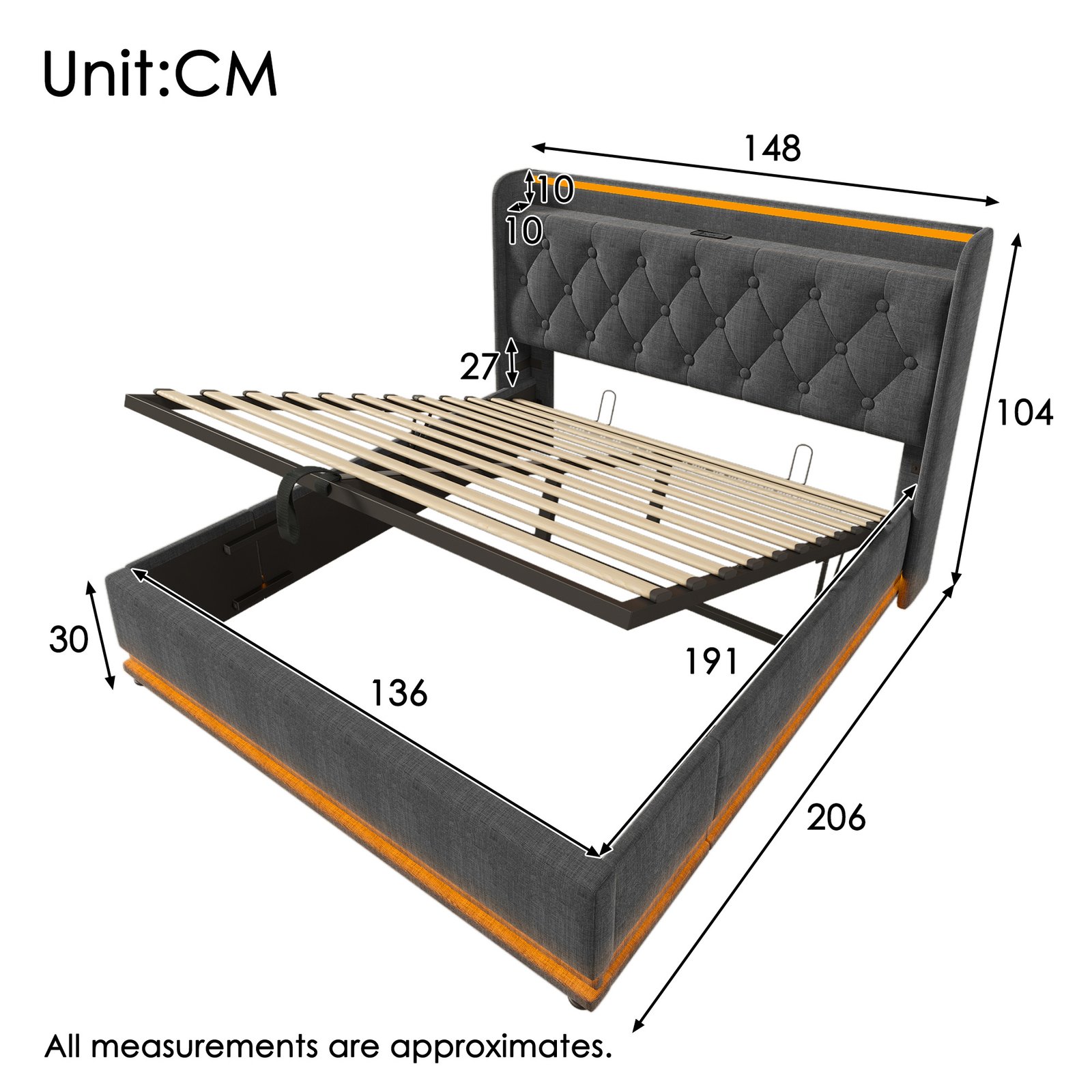 Upholstered Double Ottoman Bed With 360 Surround Led Function,Hydraulic Storage Bed Frame With Large Storage Space, 4ft6 Double Bed Frame With Charging Function,135 X190 ,Linen, Grey No Mattress