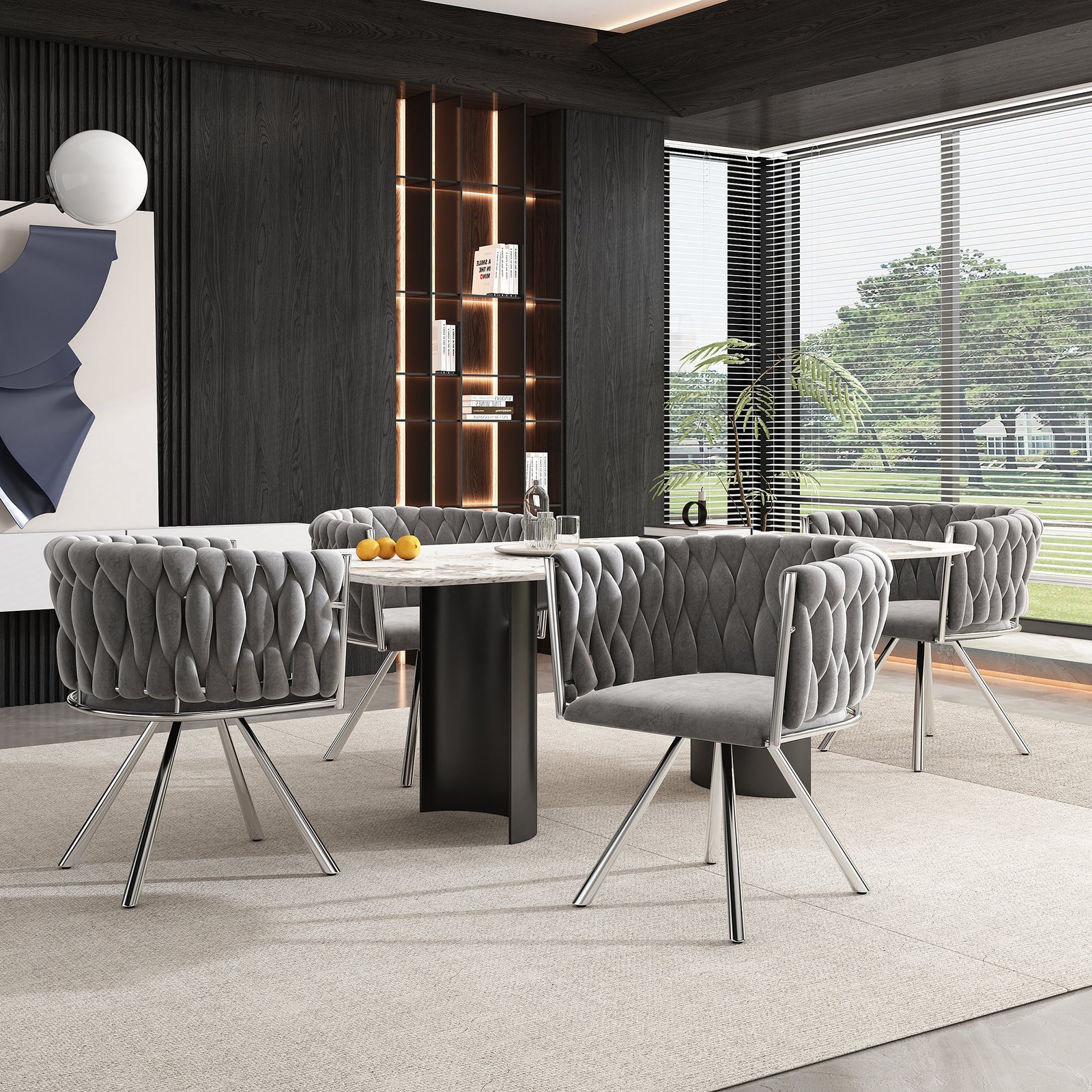 Set Of 6, Velvet Dining Chair, Single Light Luxury Living Room Bedroom Swivel Chair, Leisure Swivel Chair With Four Metal Support Legs, Grey  Silver