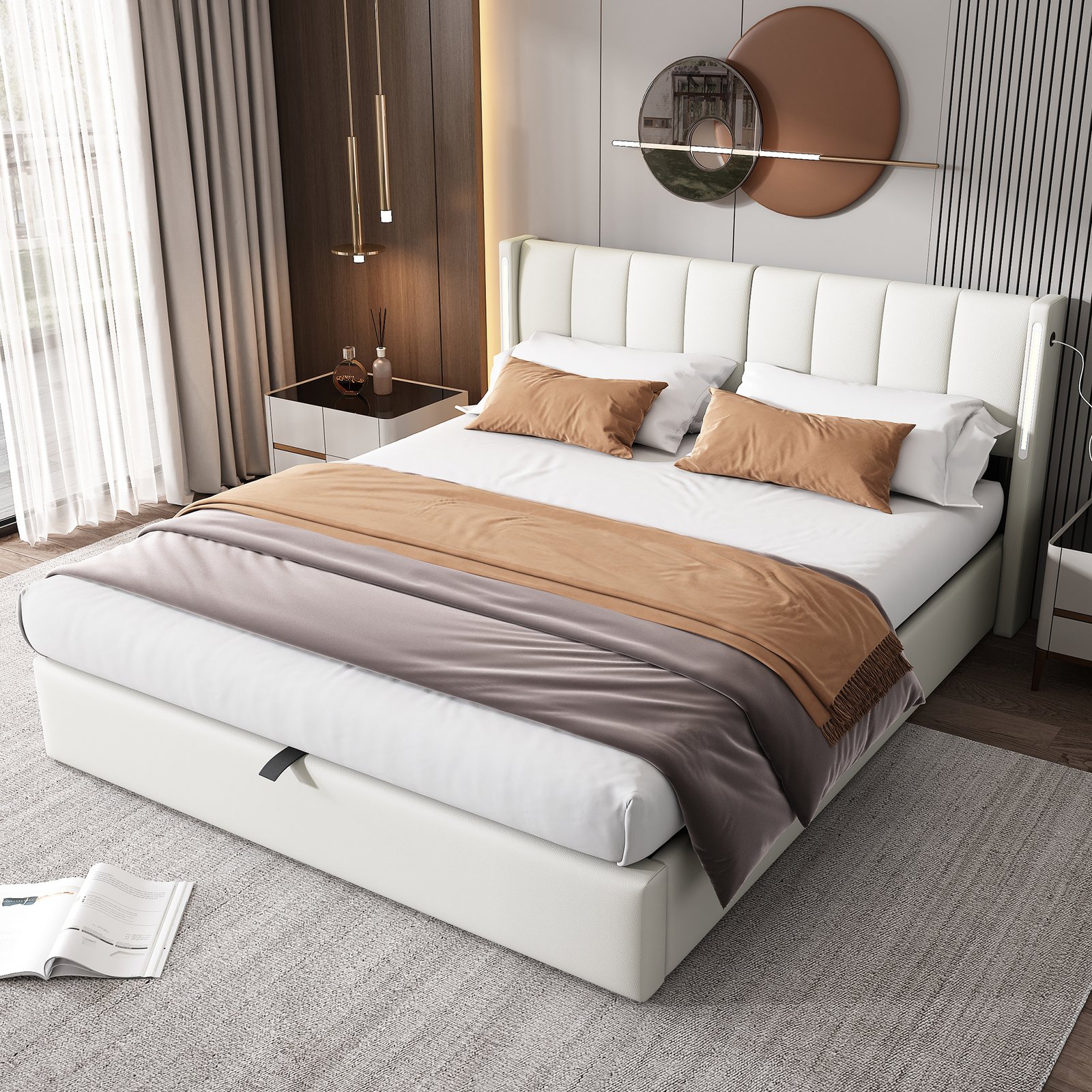 LED Upholstered Super King Size Bed - 6ft 180X200cm With Storage & Hydraulic Lift, USB Charging Ports, Adjustable Headboard & Lighting, PU , White